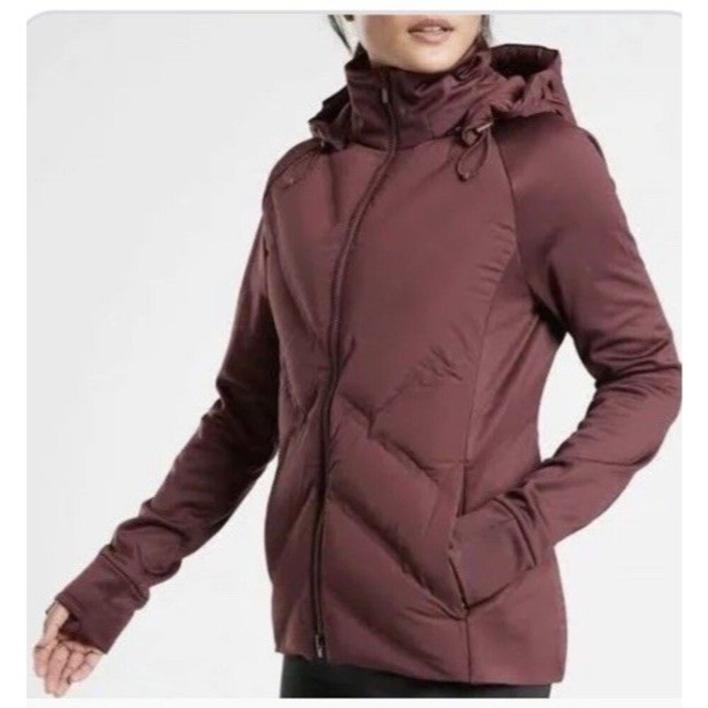 Athleta Inlet Down burnt orange Hooded Full Zip Puffer Jacket Women’s Tall M/T